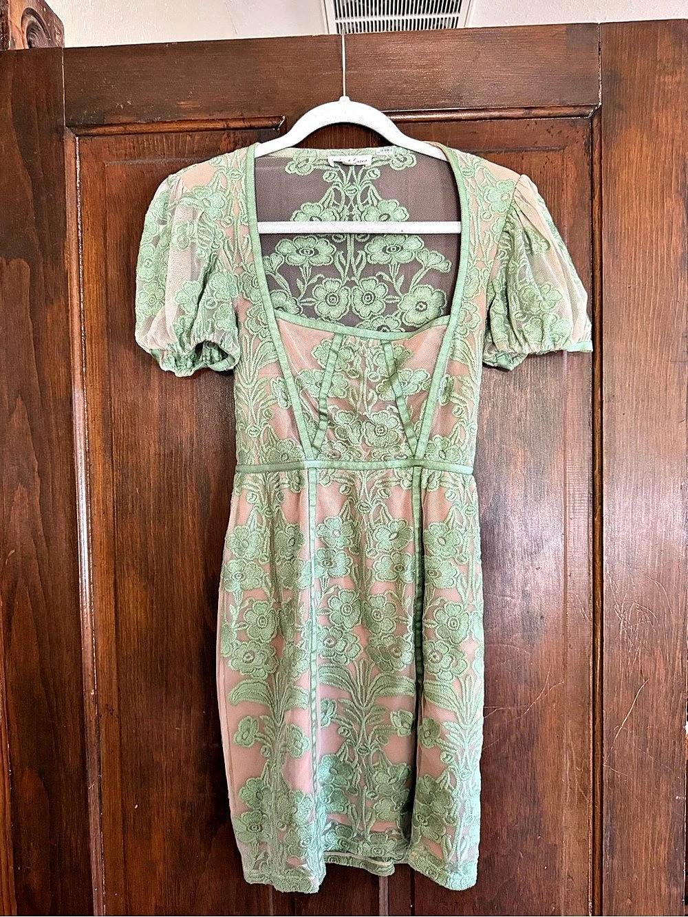 For Love & Lemons Temecula Puff Sleeve Mini Dress Pink & Green XS